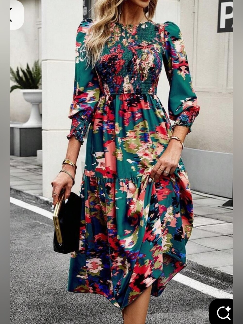 SHEIN Floral Smocked Midi Dress in Teal Multi